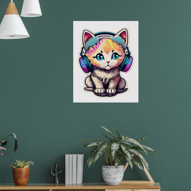 Niedliche Baby-Katze mit Kopfhörern Poster (Wohnzimmer 1)