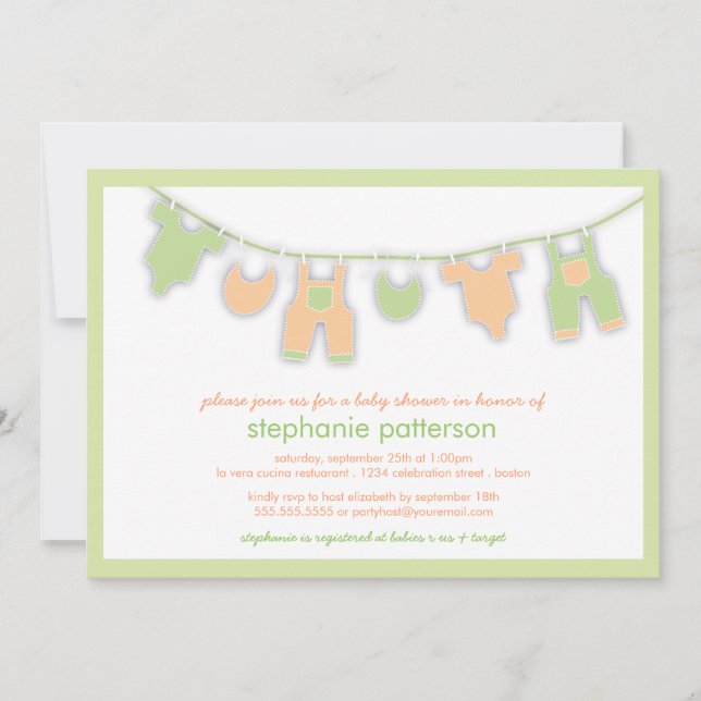 Niedliche Baby-Kleidung auf der Linie neutrale Einladung (Vorderseite)