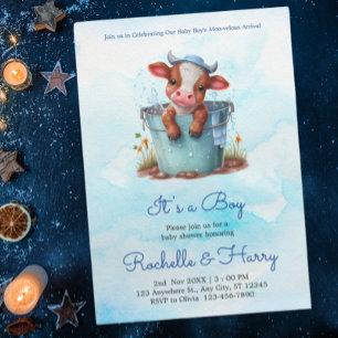 Niedliche Baby Kuh in Eimer Blue Baby Dusche Ihr J Einladung