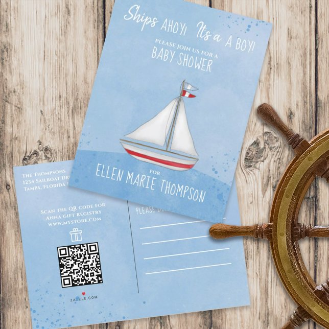 Niedliche Baby Shower Ship Ahoy QR Code Geschenkre Einladungspostkarte (Von Creator hochgeladen)