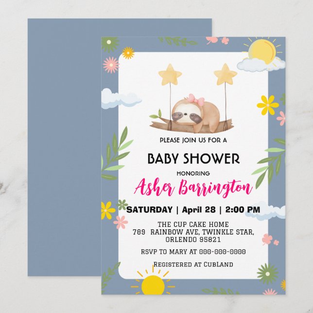 Niedliche Baby-Sloth Regenbogen-Blume Babydusche Einladung (Vorne/Hinten)