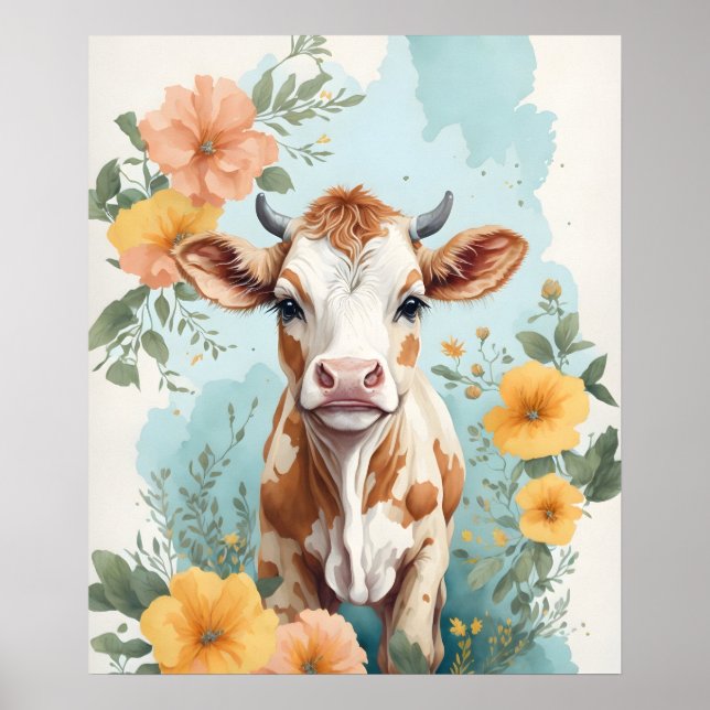 Niedliche Baby-Tiere | Adorable Kuh Calf Floral Poster (Vorne)