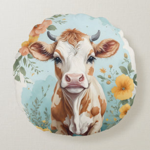 Niedliche Baby-Tiere Adorable Kuh Calf Floral Rundes Kissen