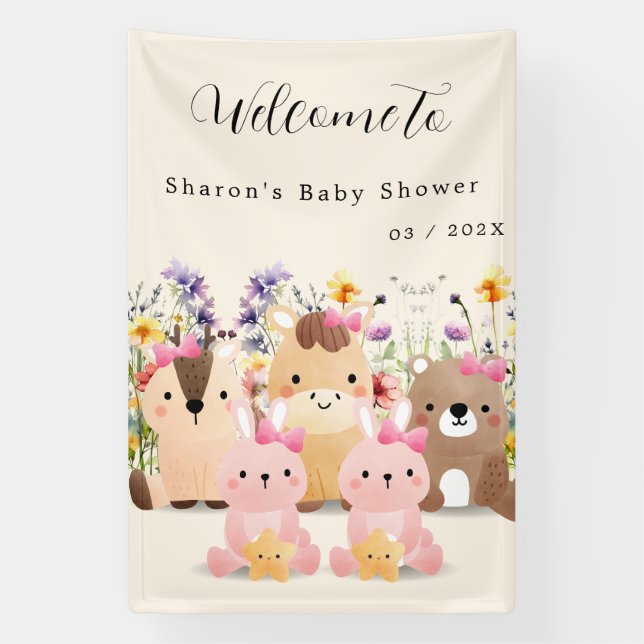 Niedliche Baby-Tiere & Wildblumen Kinderdusche Banner (Vertikal)