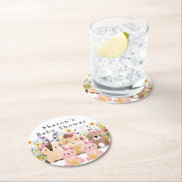 Niedliche Baby-Tiere & Wildblumen Kinderdusche Runder Pappuntersetzer