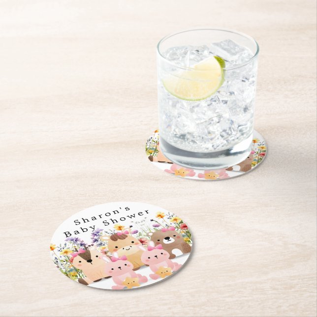 Niedliche Baby-Tiere & Wildblumen Kinderdusche Runder Pappuntersetzer (Vor Ort)