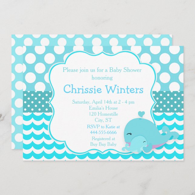 Niedliche Baby- und Kinderwhale Blue Boy Baby Dusc Einladung (Vorne/Hinten)