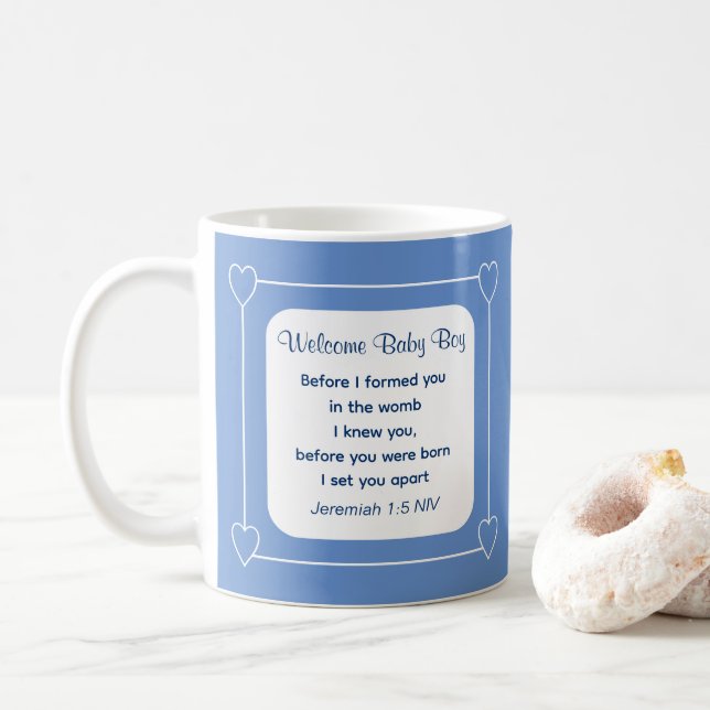 Niedliche Babydusche Bibel Verse Streifen blaues P Kaffeetasse (Mit Donut)