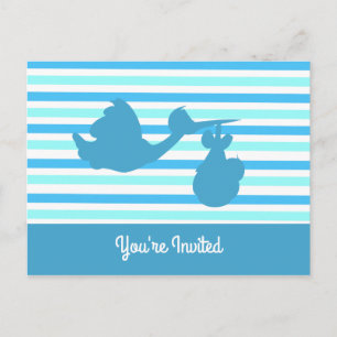 Niedliche Babydusche Blau Stripter Junge mit Stork Einladungspostkarte