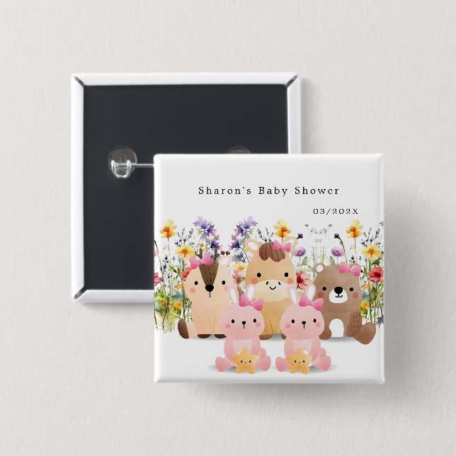 Niedliche Babydusche | Tiere und Wildblume Button (Vorne & Hinten)