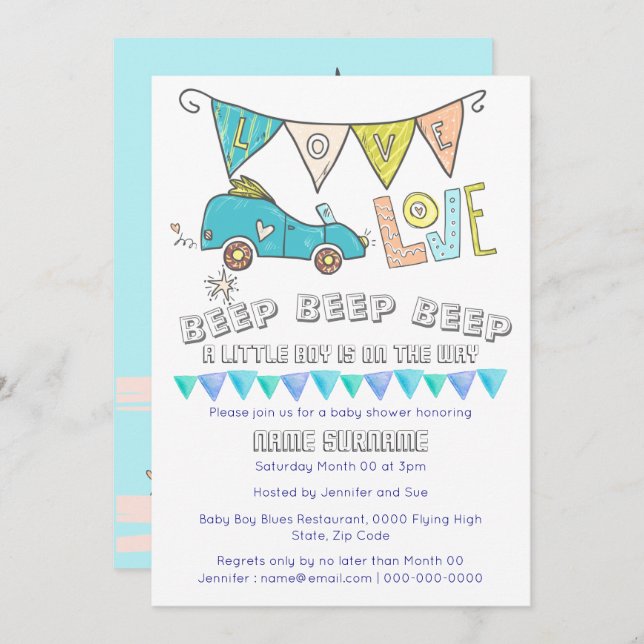 Niedliche Babyduschentransporte - Jungen - Flaggen Einladung (Vorne/Hinten)