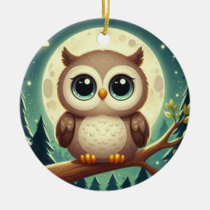 Niedliche Babyeule nachts mit Mond Keramik Ornament