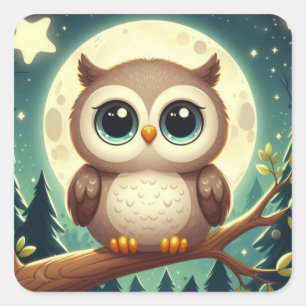 Niedliche Babyeule nachts mit Mond Quadratischer Aufkleber