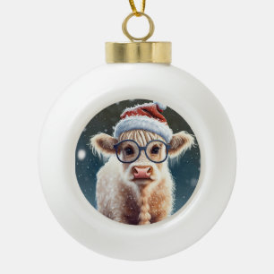 Niedliche Babyhochlandkuh im Schnee Keramik Kugel-Ornament