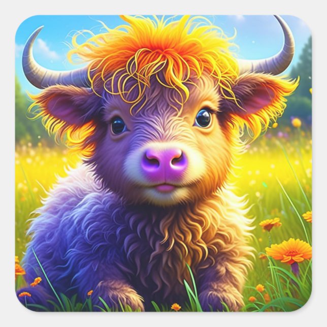 Niedliche Babyhochlandkuh in Feld oder Blume Quadratischer Aufkleber (Vorderseite)