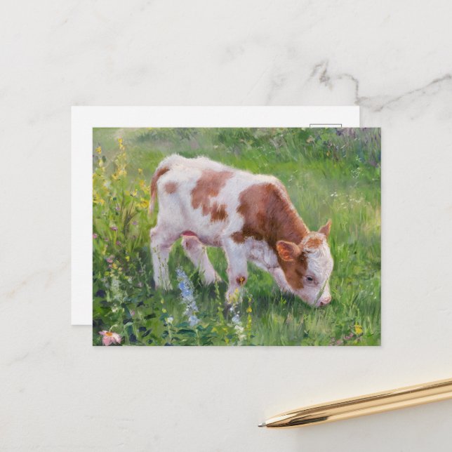 Niedliche Babykuh im Feld Blume, Claude Monet Styl Postkarte (Vorderseite/Rückseite Beispiel)