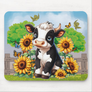 Niedliche Babykuh und Sonnenblumen, maßgeschneider Mousepad
