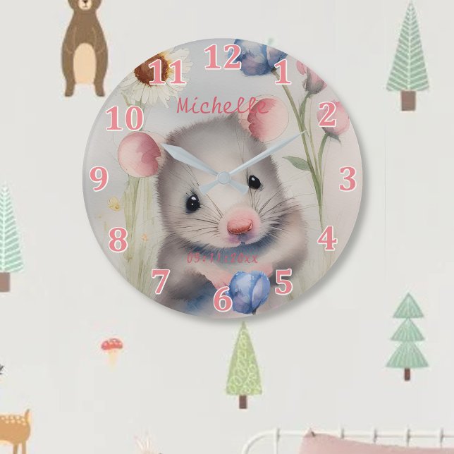 Niedliche Babymäuse Pastel Wasserfarbe Frühlingsbl Große Wanduhr (Von Creator hochgeladen)
