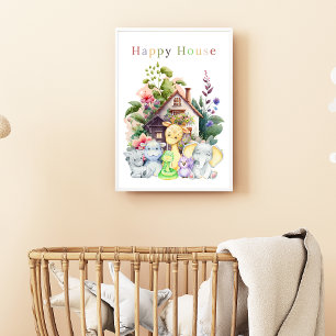 Niedliche Babytiere und Happy House Farbiger Tex Poster