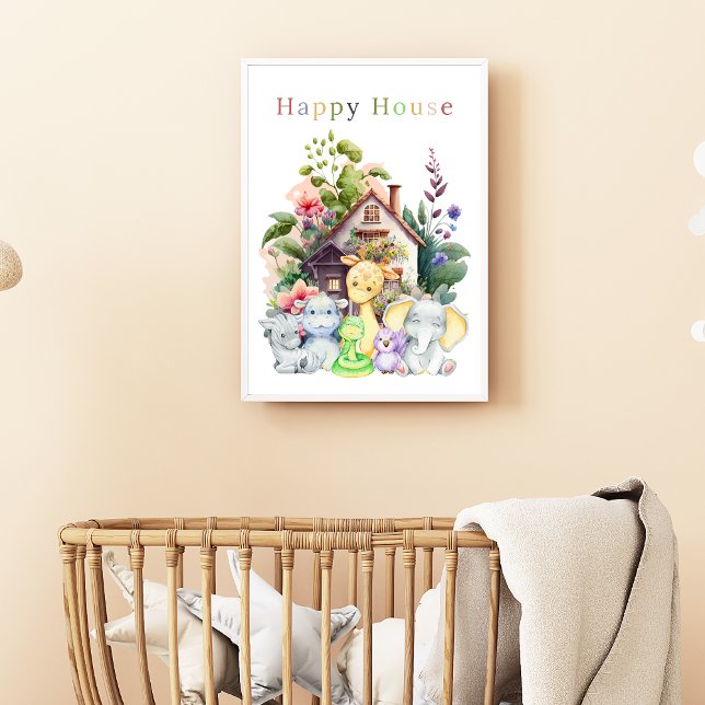 Niedliche Babytiere und Happy House | Farbiger Tex Poster (Von Creator hochgeladen)