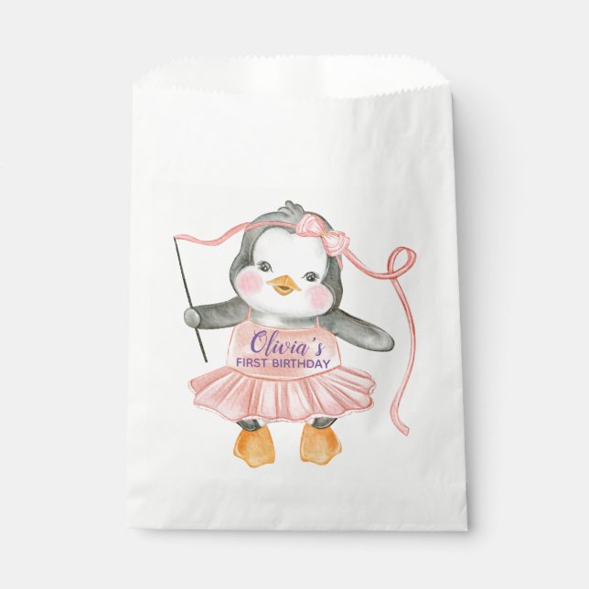 Niedliche Ballerina Pinguin Pink 1. Geburtstag Par Geschenktütchen (Vorderseite)