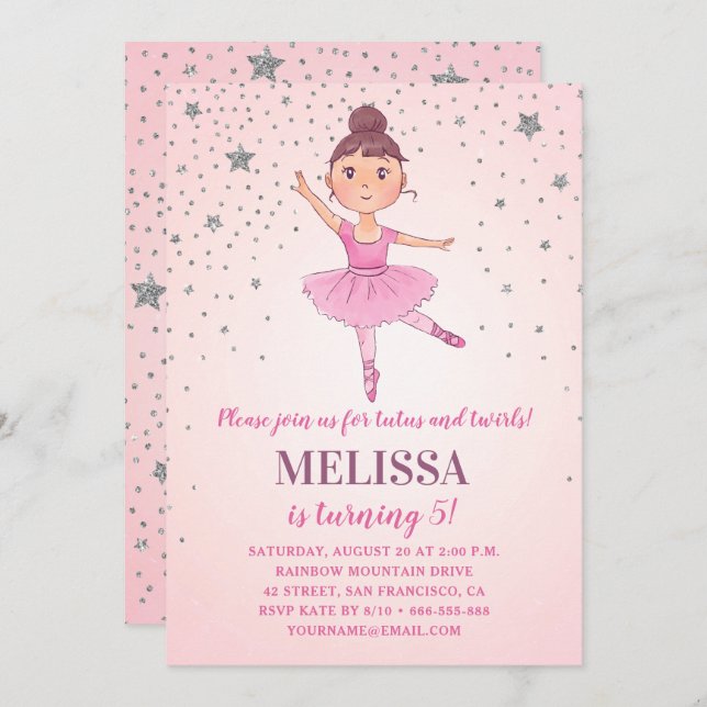 Niedliche Ballerina Rosa Silberstars | Mädchen zum Einladung (Vorne/Hinten)