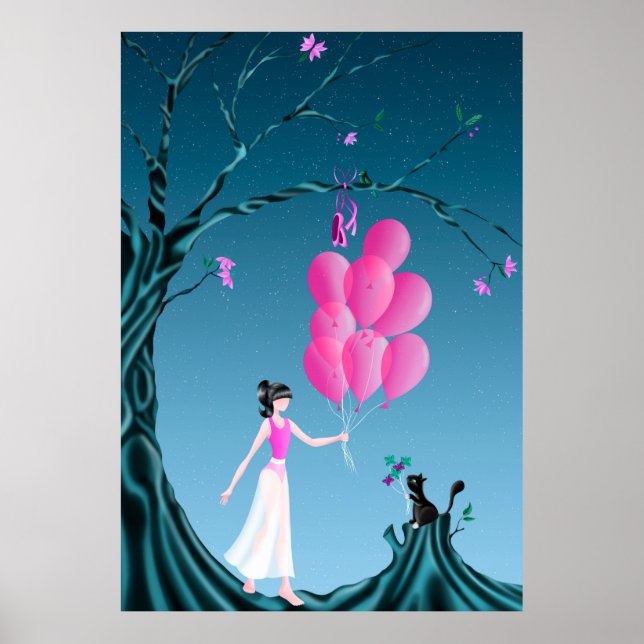 Niedliche Ballerina und Cat Midnight Tree Poster (Vorne)