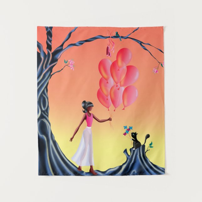 Niedliche Ballerina und Katze bei Sonnenuntergang  Wandteppich (Vorderseite)