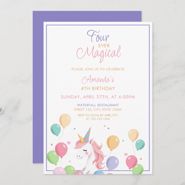 Niedliche Ballons Einhorn 4. Geburtstag Einladung (Vorne/Hinten)
