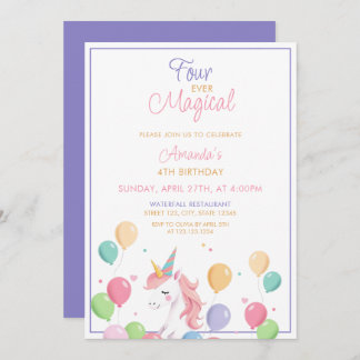 Niedliche Ballons Einhorn 4. Geburtstag Einladung