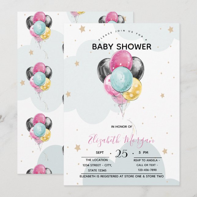 Niedliche Ballons, Sterne, Wolken Einladung (Vorne/Hinten)