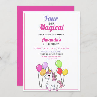 Niedliche Balloons Unicorn 4. Geburtstag Einladung