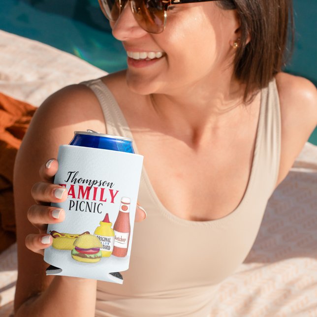 Niedliche barbeque Picnic-Familie Wiedersehen Cust Dosenkühler (Custom can cooler with hamburger, hotdog, ketchup and mustard design,)