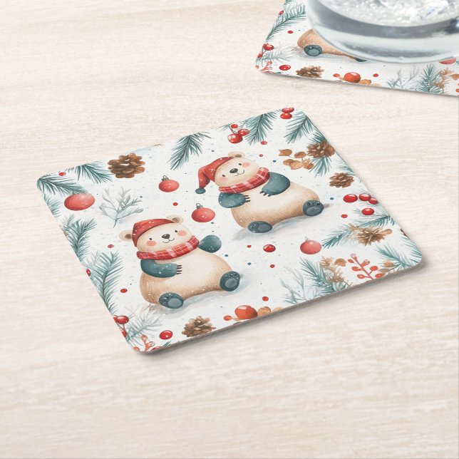 Niedliche Bären Kiefer und Ornamente Rote frohe We Rechteckiger Pappuntersetzer (angewinkelt)