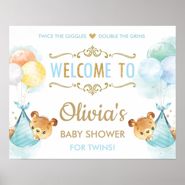 Niedliche Bären Twins Baby Boys Dusche Begrüßungsz Poster (Vorne)