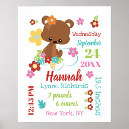 Niedliche Bären und Blume Baby Girl Birth Record S Poster