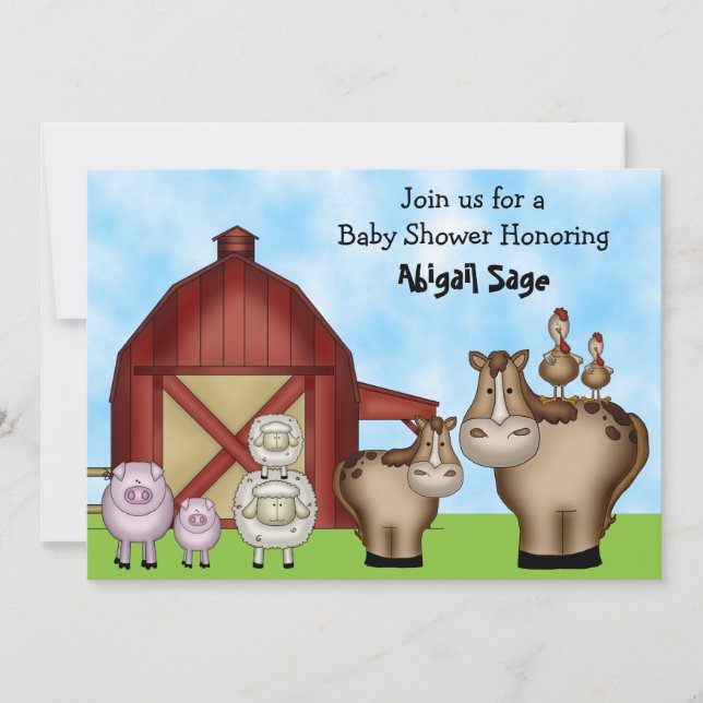 Niedliche Barnyard Farm Animal Baby Shower Einladu Einladung (Vorderseite)