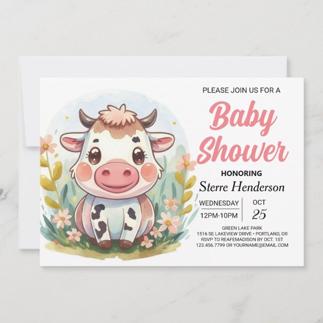 Niedliche Barnyard Printable Cow Baby Dusche Einladung (Vorderseite)
