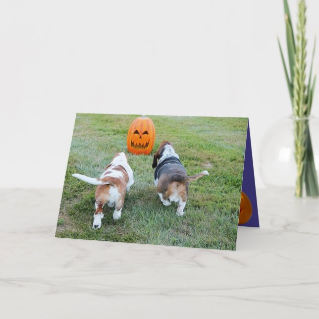 Niedliche Basset-Hunde auf der sonnigen Halloween- Karte (Vorderseite)