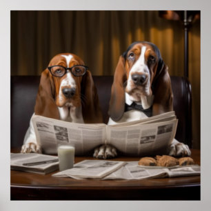 Niedliche Basset-Hunde beim Lesen einer Zeitung Poster