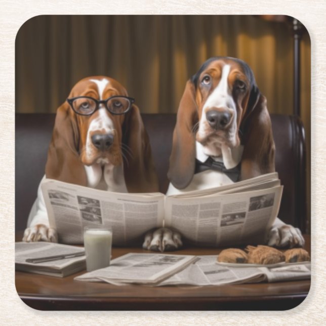 Niedliche Basset-Hunde beim Lesen einer Zeitung Rechteckiger Pappuntersetzer (Vorderseite)