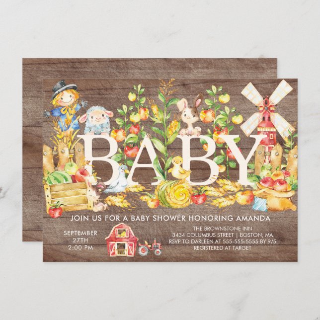 Niedliche Bauern Markt Kinderdusche Einladung (Vorne/Hinten)