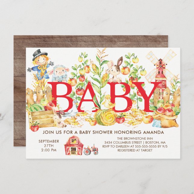 Niedliche Bauern Markt Kinderdusche Einladung (Vorne/Hinten)