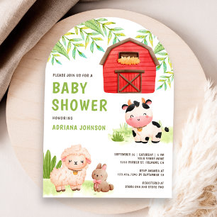 Niedliche Bauernhoftiere Scheunenbogen-Baby-Party Einladung
