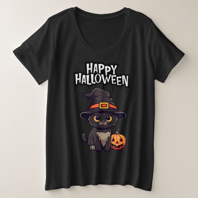 Niedliche Beängstigende Schwarze Katze mit Pumpkin Große Größe T-Shirt (Design vorne)