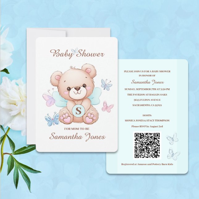Niedliche Bear Baby Dusche Einladung mit QR Code (Create personalized baby shower invitations featuring a cute bear and butterflies.)