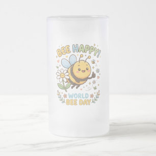 Niedliche "Bee Happy!"-Illustration für den Weltbi Mattglas Bierglas