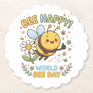 Niedliche "Bee Happy!"-Illustration für den Weltbi Untersetzer