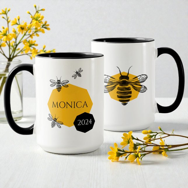 Niedliche Bee Yellow Honeycomb Name Jahr Tasse für (Modern Yellow Black Cute Bee Honeycomb Friend Name Mug)
