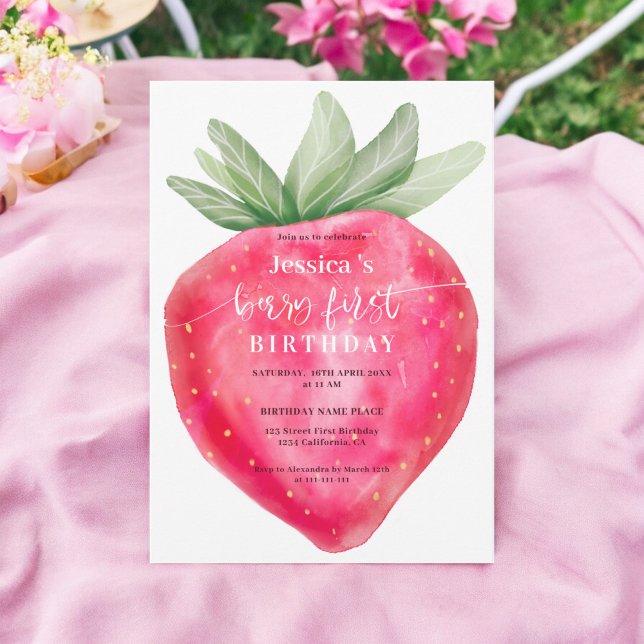 Niedliche Beere Erstgeburtstag Wasserfarbe Erdbeer Einladung (Cute berry first birthday watercolor strawberry invitation)